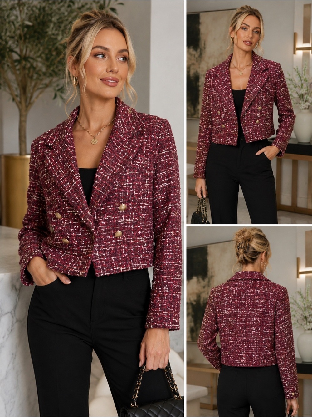 House of Harlow tweed raspberry pink double breasted short blazer jacket M NWT